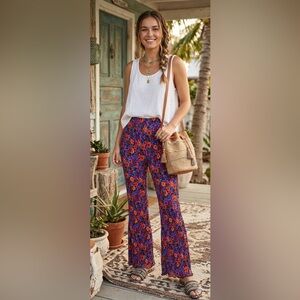 Vibrant Multicolor Crinkled Floral Flare Pants (14”-19”) waist